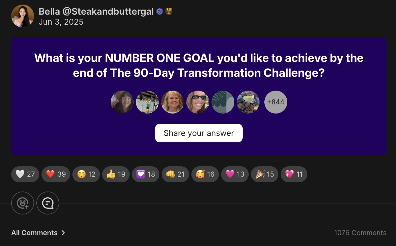 A community post inside the 90-Day Challenge with 844 member answers and over 1,000 comments